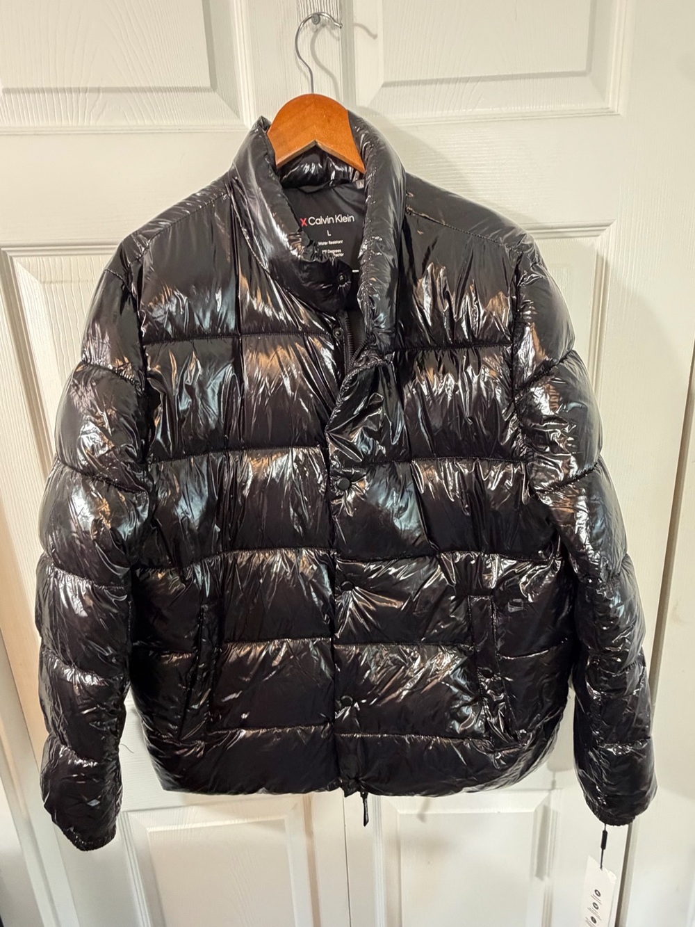Calvin Klein Snap Front Puffer Jacket Sorona Black Mens L NWT Shiny Coat Light